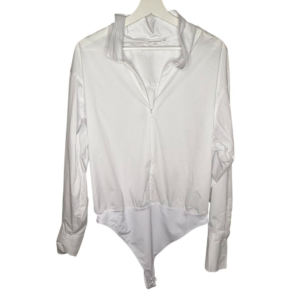 Good American White Zip Front Poplin Bodysuit Long Sleeve White Shirt Size 4 XL